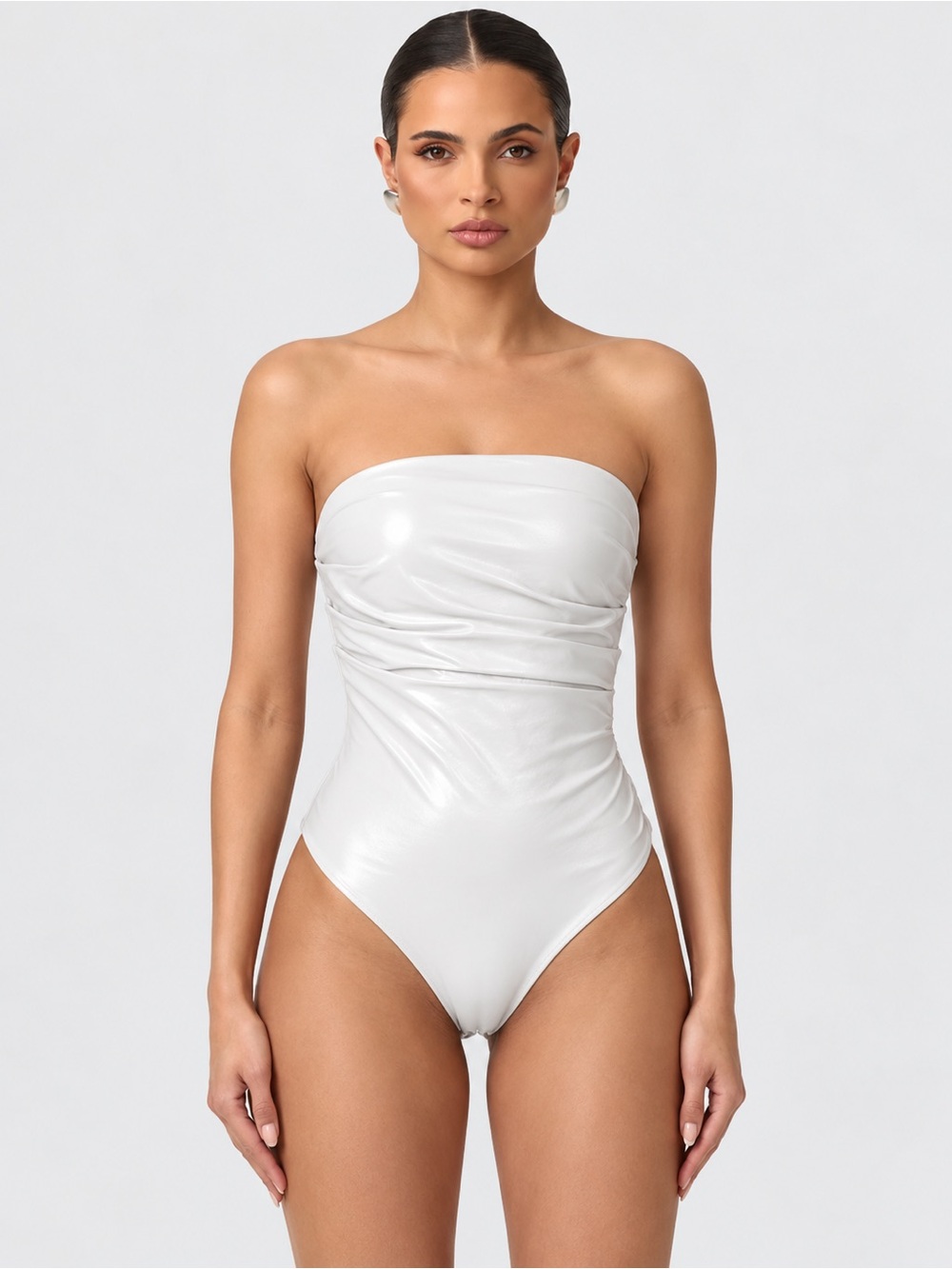 Naked Wardrobe Pleated Strapless Faux Leather Bodysuit White